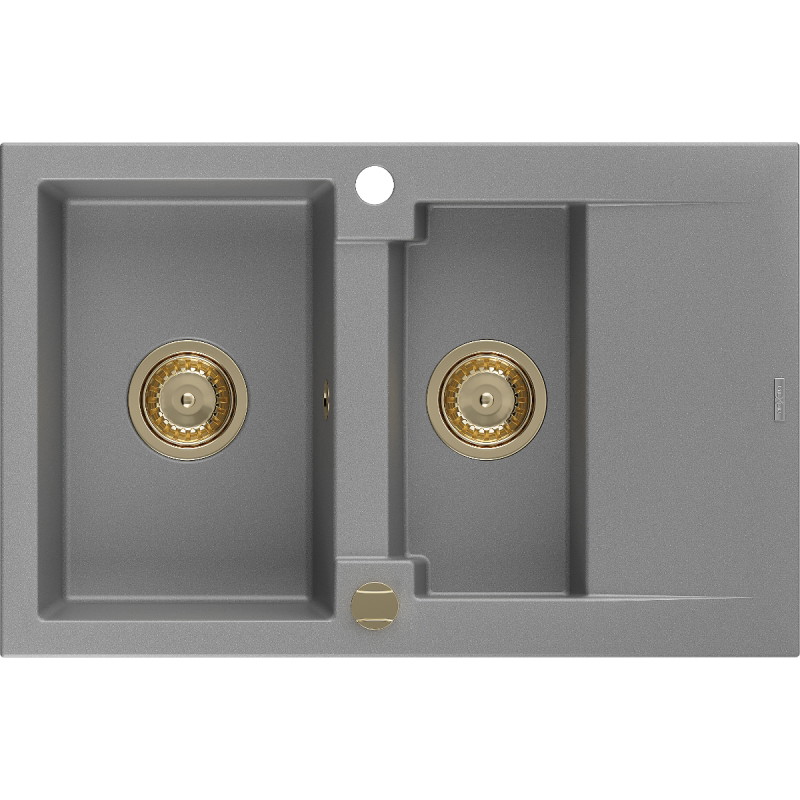 Mexen Gaspar 1,5-beckiger Granitspülbecken mit Abtropffläche 737 x 475 mm, grau, Siphon gold - 6507731505-71-G