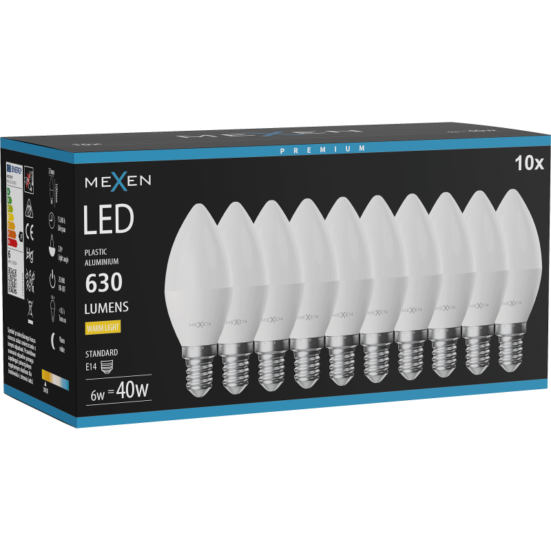 Mexen Nova 10x LED-Glühlampe E14, C37, 6W, Warm - 3000K, 630 lm - L102-E14-0630-01x10