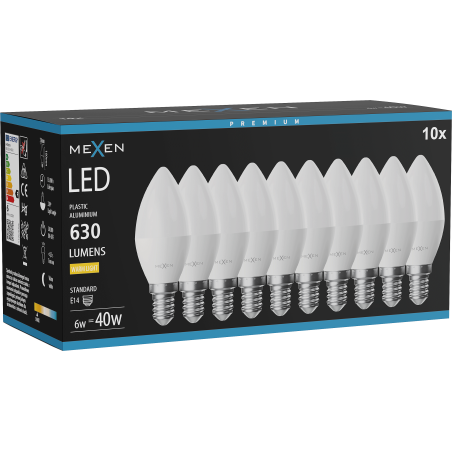 Mexen Nova 10x LED-Glühlampe E14, C37, 6W, Warm - 3000K, 630 lm - L102-E14-0630-01x10