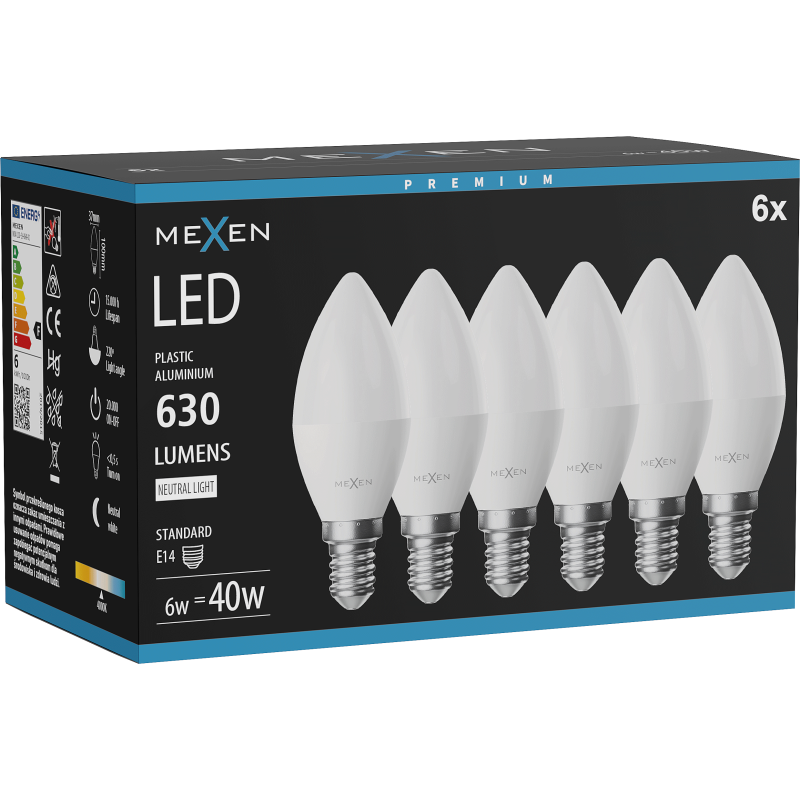 Mexen Nova 6x LED-Glühbirne E14, C37, 6W, Neutral - 4000K, 630 lm - L102-E14-0640-01x06