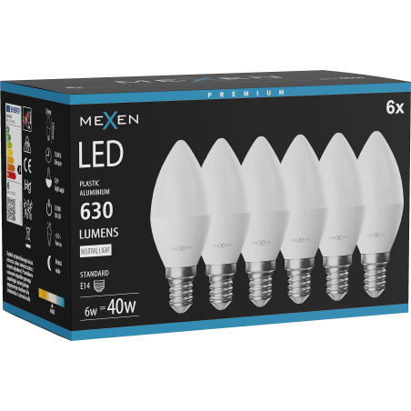 Mexen Nova 6x LED-Glühbirne E14, C37, 6W, Neutral - 4000K, 630 lm - L102-E14-0640-01x06