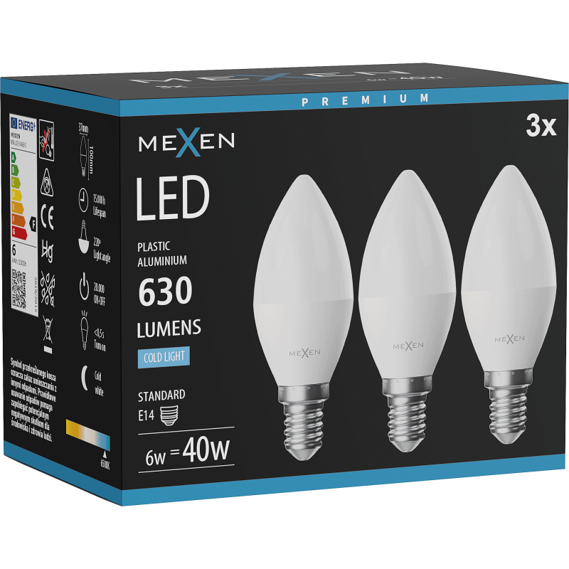 Mexen Nova 3x LED-Lampe E14, C37, 6W, Kalt - 6500K, 630 lm - L102-E14-0665-01x03