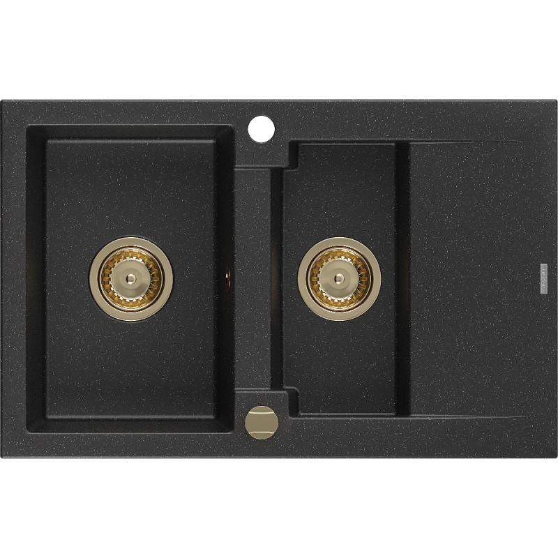 Mexen Gaspar 1,5-Kammer Granitspüle mit Abtropffläche 737 x 475 mm, schwarz/silber-metallic, goldener Siphon - 6507731505-73-G