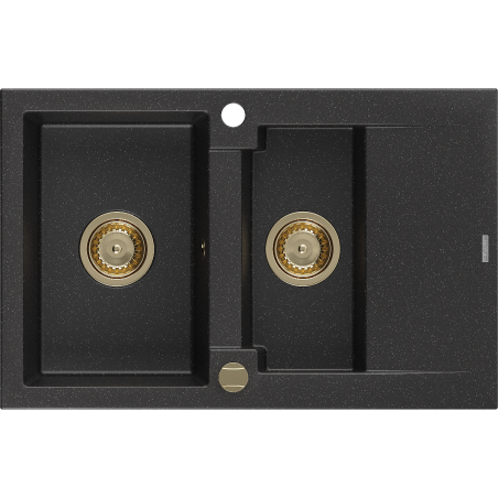 Mexen Gaspar Granitspüle 1,5 Becken mit Abtropffläche 737 x 475 mm, schwarz/silber metallic, goldener Siphon - 6507731505-73-G