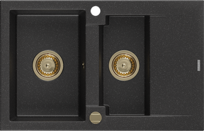 Mexen Gaspar 1,5-Kammer Granitspüle mit Abtropffläche 737 x 475 mm, schwarz/silber-metallic, goldener Siphon - 6507731505-73-G