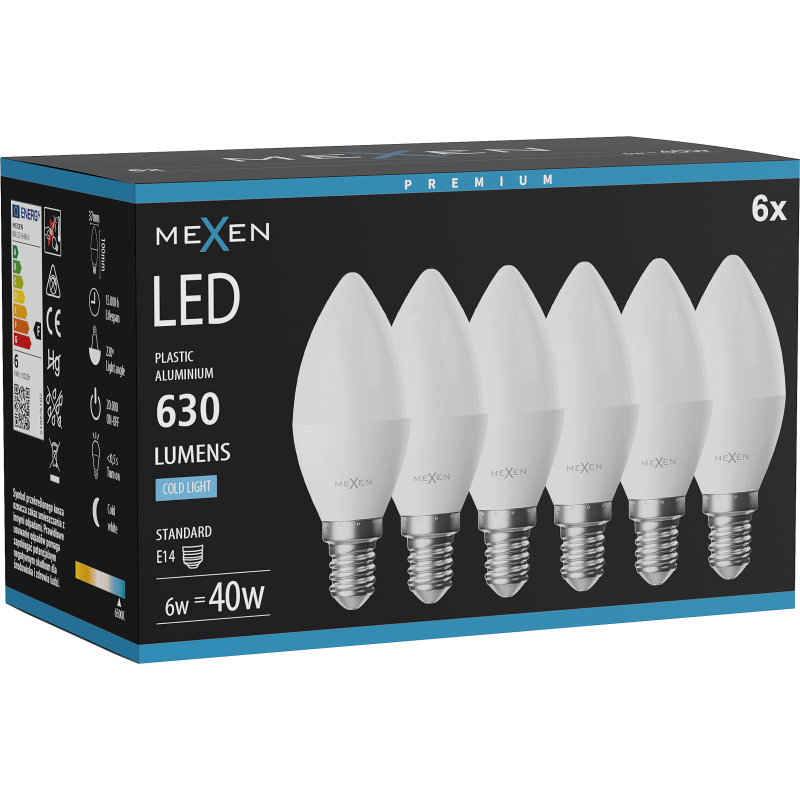 Mexen Nova 6x LED-Birne E14, C37, 6W, Kalt - 6500K, 630 lm - L102-E14-0665-01x06