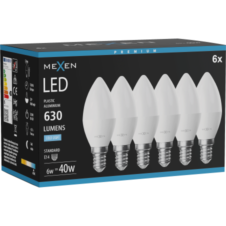Mexen Nova 6x LED-Birne E14, C37, 6W, Kalt - 6500K, 630 lm - L102-E14-0665-01x06
