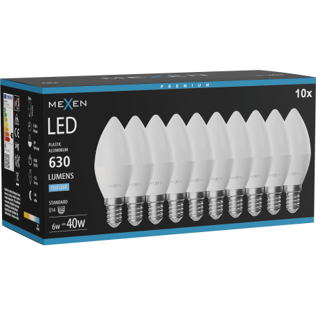 Mexen Nova 10x LED-Glühbirne E14, C37, 6W, Kalt - 6500K, 630 lm - L102-E14-0665-01x10