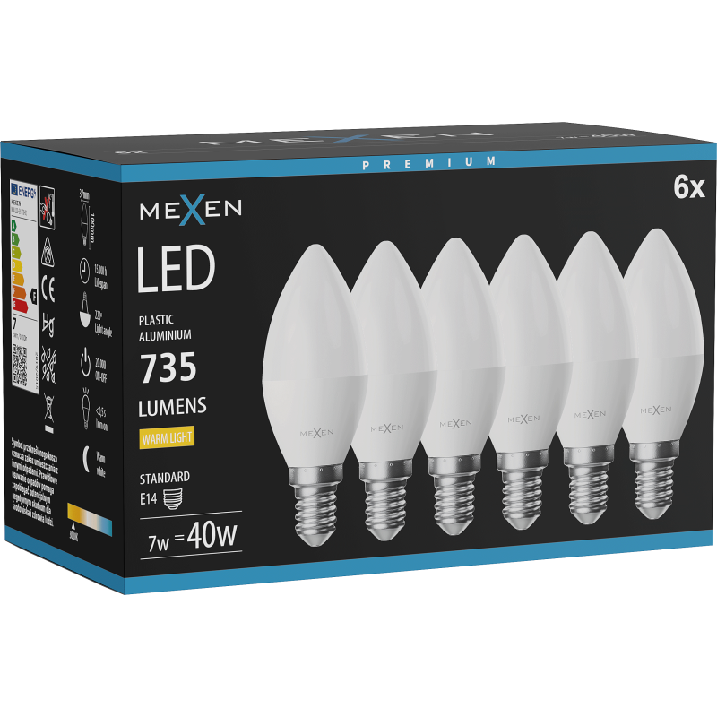 Mexen Nova 6x LED-Glühbirne E14, C37, 7W, Warm - 3000K, 735 lm - L102-E14-0730-01x06