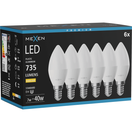 Mexen Nova 6x LED-Glühbirne E14, C37, 7W, Warm - 3000K, 735 lm - L102-E14-0730-01x06