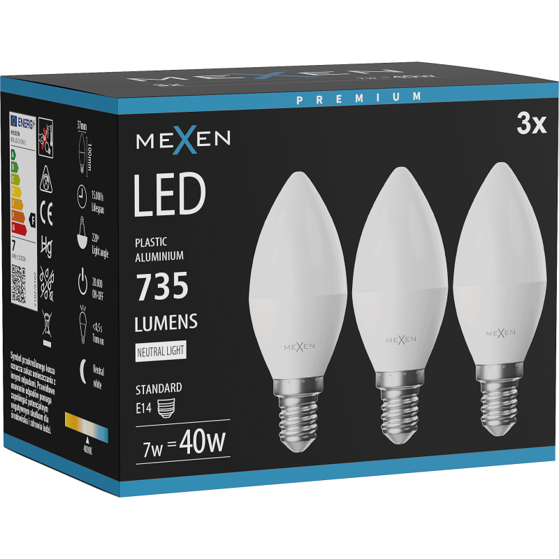 Mexen Nova 3x LED-Glühbirne E14, C37, 7W, Neutral - 4000K, 735 lm - L102-E14-0740-01x03