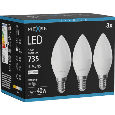 Mexen Nova 3x LED-Glühbirne E14, C37, 7W, Neutral - 4000K, 735 lm - L102-E14-0740-01x03