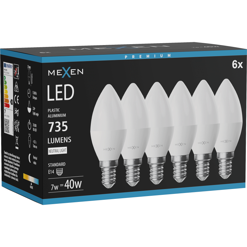 Mexen Nova 6x LED-Lampe E14, C37, 7W, Neutral - 4000K, 735 lm - L102-E14-0740-01x06