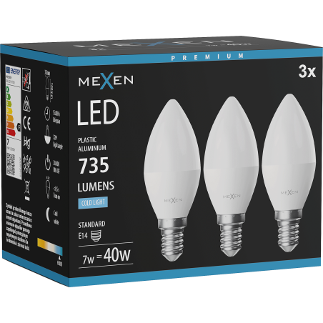 Mexen Nova 3x LED-Glühbirne E14, C37, 7W, Kalt - 6500K, 735 lm - L102-E14-0765-01x03