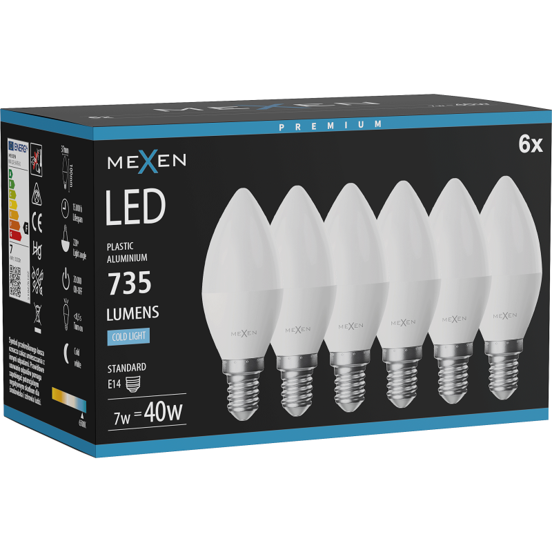 Mexen Nova 6x LED-Glühbirne E14, C37, 7W, Kalt - 6500K, 735 lm - L102-E14-0765-01x06