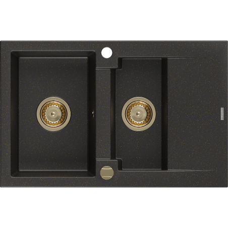 Mexen Gaspar 1,5-Kammer-Granitespüle mit Abtropffläche 737 x 475 mm, schwarz/gold metallic, goldener Siphon - 6507731505-75-G