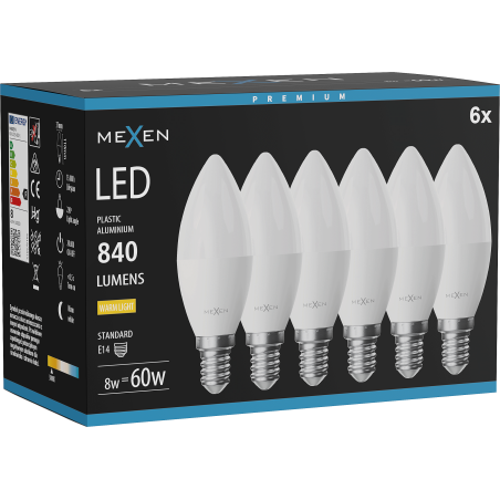 Mexen Nova 6x LED-Glühbirne E14, C37, 8W, Warm - 3000K, 840 lm - L102-E14-0830-01x06