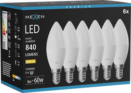 Mexen Nova 6x LED-Glühbirne E14, C37, 8W, Warm - 3000K, 840 lm - L102-E14-0830-01x06
