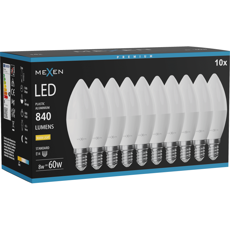 Mexen Nova 10x LED-Glühbirne E14, C37, 8W, Warm - 3000K, 840 lm - L102-E14-0830-01x10