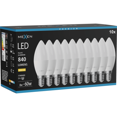 Mexen Nova 10x LED-Glühbirne E14, C37, 8W, Warm - 3000K, 840 lm - L102-E14-0830-01x10