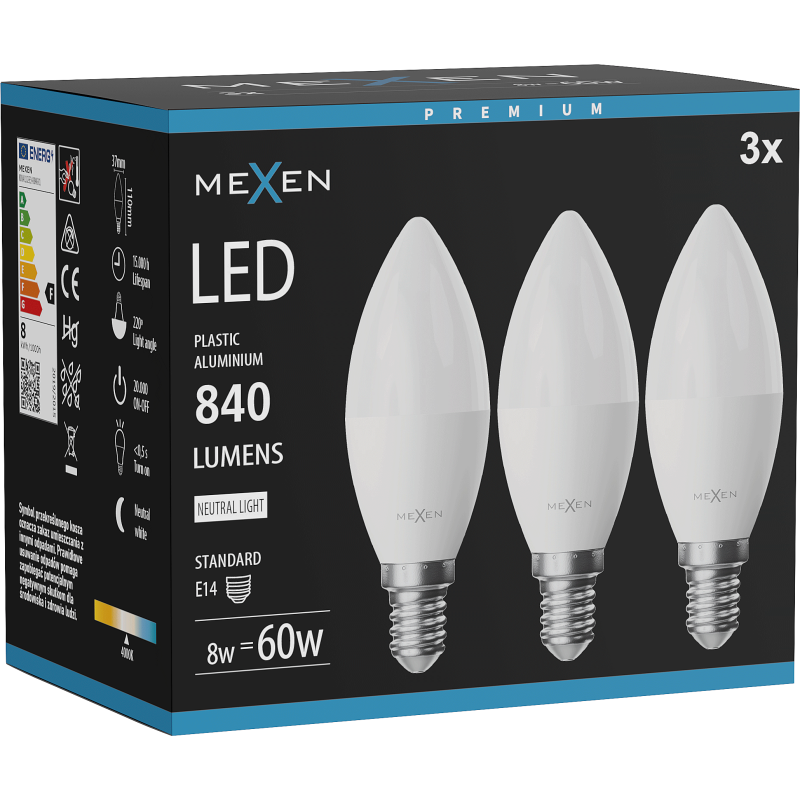 Mexen Nova 3x LED-Glühbirne E14, C37, 8W, Neutral - 4000K, 840 lm - L102-E14-0840-01x03