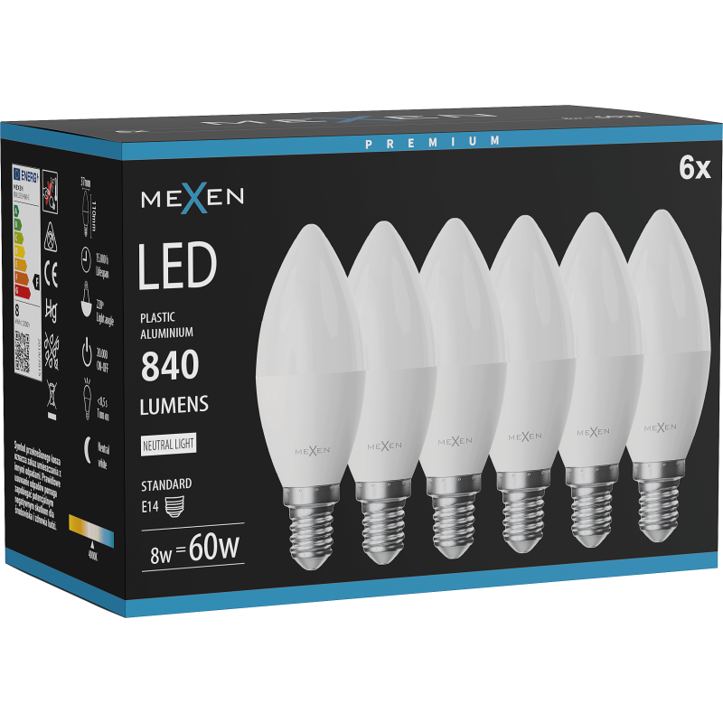Mexen Nova 6x LED-Glühbirne E14, C37, 8W, Neutral - 4000K, 840 lm - L102-E14-0840-01x06