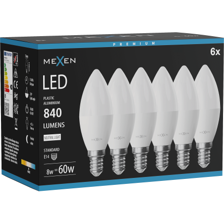 Mexen Nova 6x LED-Glühbirne E14, C37, 8W, Neutral - 4000K, 840 lm - L102-E14-0840-01x06