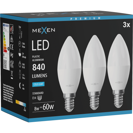Mexen Nova 3x LED-Glühbirne E14, C37, 8W, Kaltweiß - 6500K, 840 lm - L102-E14-0865-01x03