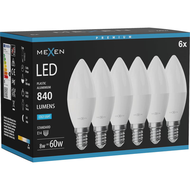 Mexen Nova 6x LED Lampe E14, C37, 8W, Kalt - 6500K, 840 lm - L102-E14-0865-01x06