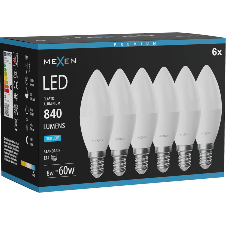 Mexen Nova 6x LED Lampe E14, C37, 8W, Kalt - 6500K, 840 lm - L102-E14-0865-01x06
