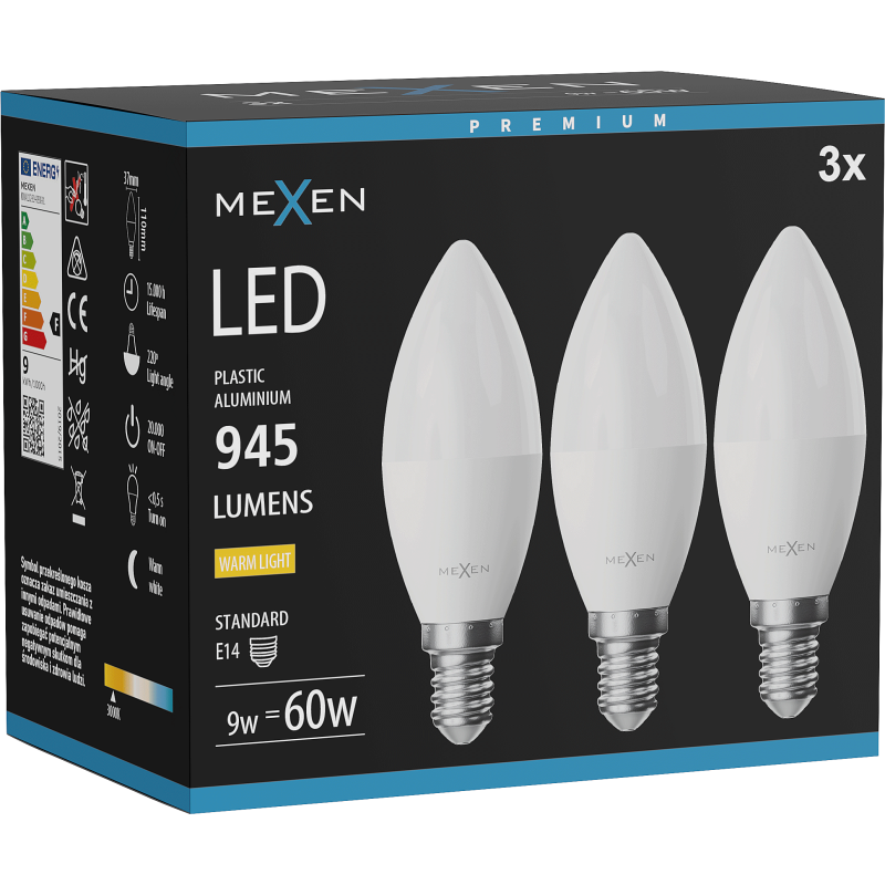 Mexen Nova 3x LED-Lampe E14, C37, 9W, Warm - 3000K, 945 lm - L102-E14-0930-01x03