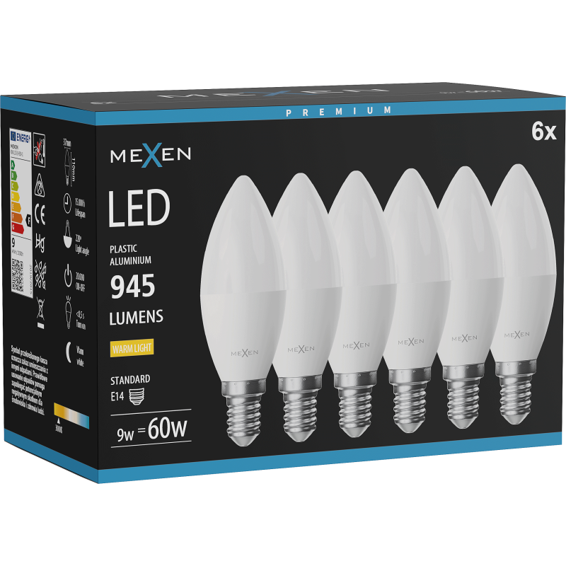 Mexen Nova 6x LED-Glühbirne E14, C37, 9W, Warm - 3000K, 945 lm - L102-E14-0930-01x06