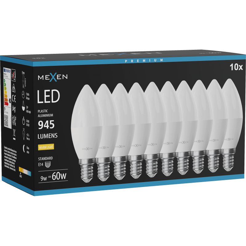 Mexen Nova 10x LED-Glühbirne E14, C37, 9W, Warm - 3000K, 945 lm - L102-E14-0930-01x10
