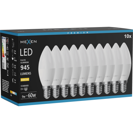 Mexen Nova 10x LED-Glühbirne E14, C37, 9W, Warm - 3000K, 945 lm - L102-E14-0930-01x10