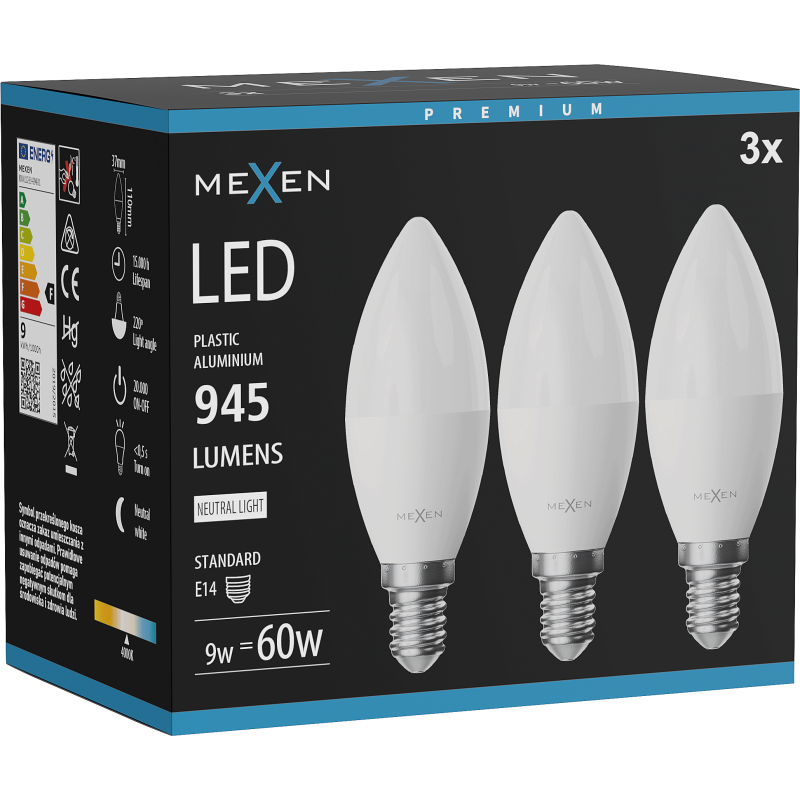 Mexen Nova 3x LED-Lampe E14, C37, 9W, Neutral - 4000K, 945 lm - L102-E14-0940-01x03