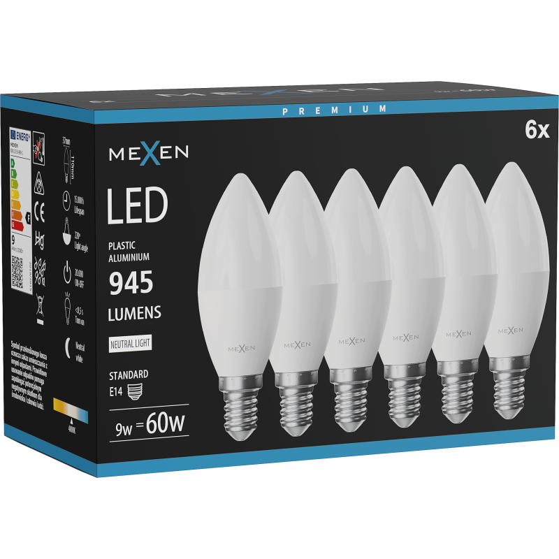 Mexen Nova 6x LED-Glühbirne E14, C37, 9W, Neutral - 4000K, 945 lm - L102-E14-0940-01x06