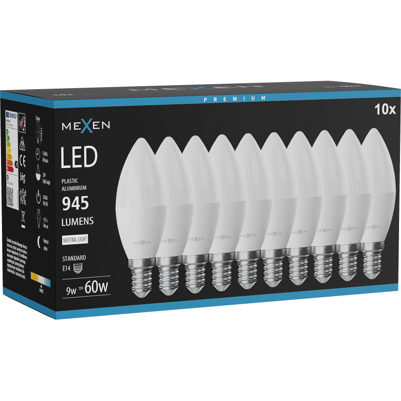 Mexen Nova 10x LED-Birne E14, C37, 9W, Neutral - 4000K, 945 lm - L102-E14-0940-01x10