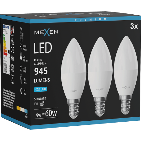 Mexen Nova 3x LED-Birne E14, C37, 9W, Kalt - 6500K, 945 lm - L102-E14-0965-01x03