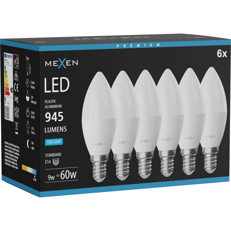 Mexen Nova 6x LED-Glühbirne E14, C37, 9W, Kalt - 6500K, 945 lm - L102-E14-0965-01x06