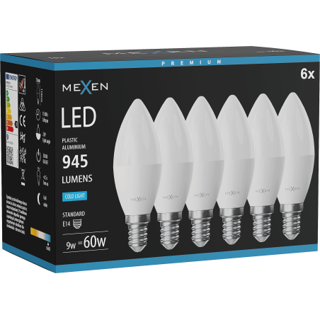 Mexen Nova 6x LED-Glühbirne E14, C37, 9W, Kalt - 6500K, 945 lm - L102-E14-0965-01x06