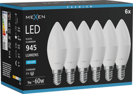 Mexen Nova 6x LED-Glühbirne E14, C37, 9W, Kalt - 6500K, 945 lm - L102-E14-0965-01x06