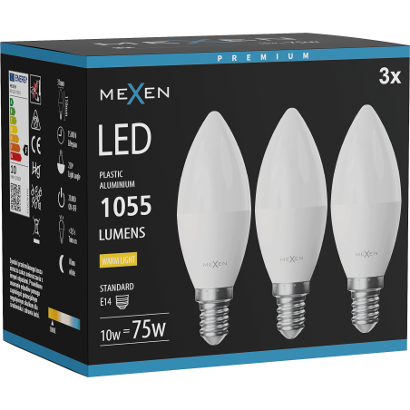 Mexen Nova 3x LED-Glühlampe E14, C37, 10W, Warm - 3000K, 1055 lm - L102-E14-1030-01x03