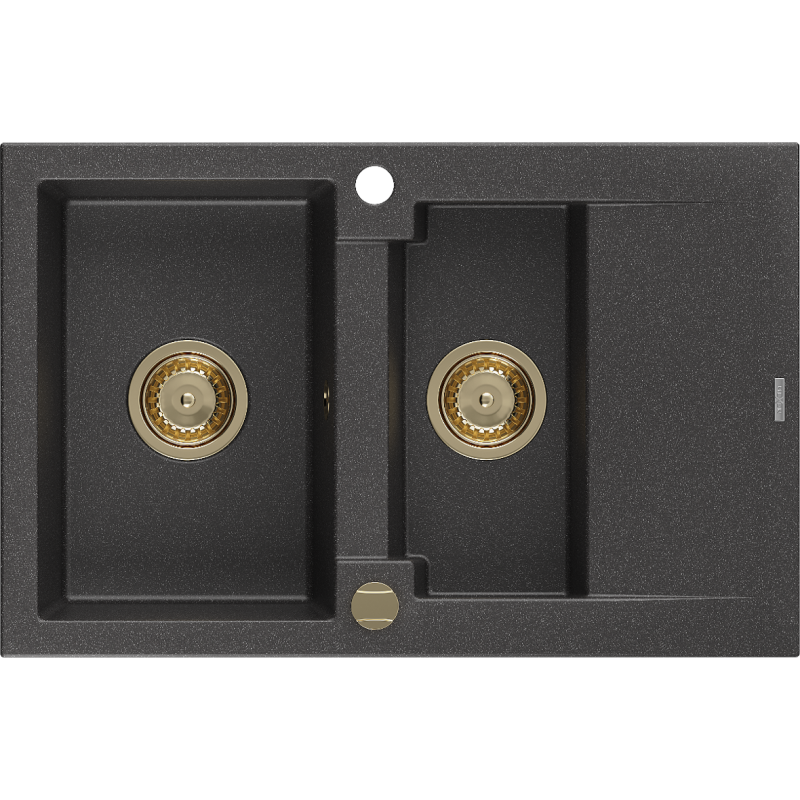 Mexen Gaspar Granitspüle 1,5-Becken mit Abtropffläche 737 x 475 mm, schwarz gesprenkelt, goldener Siphon - 6507731505-76-G