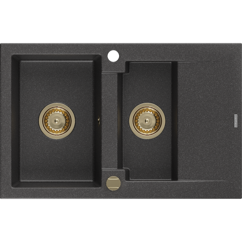 Mexen Gaspar Granitspüle 1,5-beckig mit Abtropffläche 737 x 475 mm, schwarz gesprenkelt, goldener Siphon - 6507731505-76-G