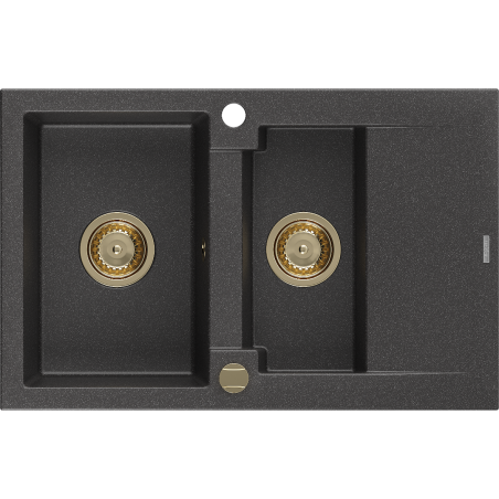 Mexen Gaspar Granitspüle 1,5-Becken mit Abtropffläche 737 x 475 mm, schwarz gesprenkelt, goldener Siphon - 6507731505-76-G