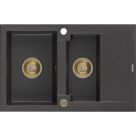 Mexen Gaspar Granitspüle 1,5-beckig mit Abtropffläche 737 x 475 mm, schwarz gesprenkelt, goldener Siphon - 6507731505-76-G