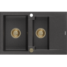 Mexen Gaspar Granitspüle 1,5-beckig mit Abtropffläche 737 x 475 mm, schwarz gesprenkelt, goldener Siphon - 6507731505-76-G