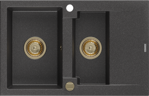 Mexen Gaspar Granitspüle 1,5-Becken mit Abtropffläche 737 x 475 mm, schwarz gesprenkelt, goldener Siphon - 6507731505-76-G