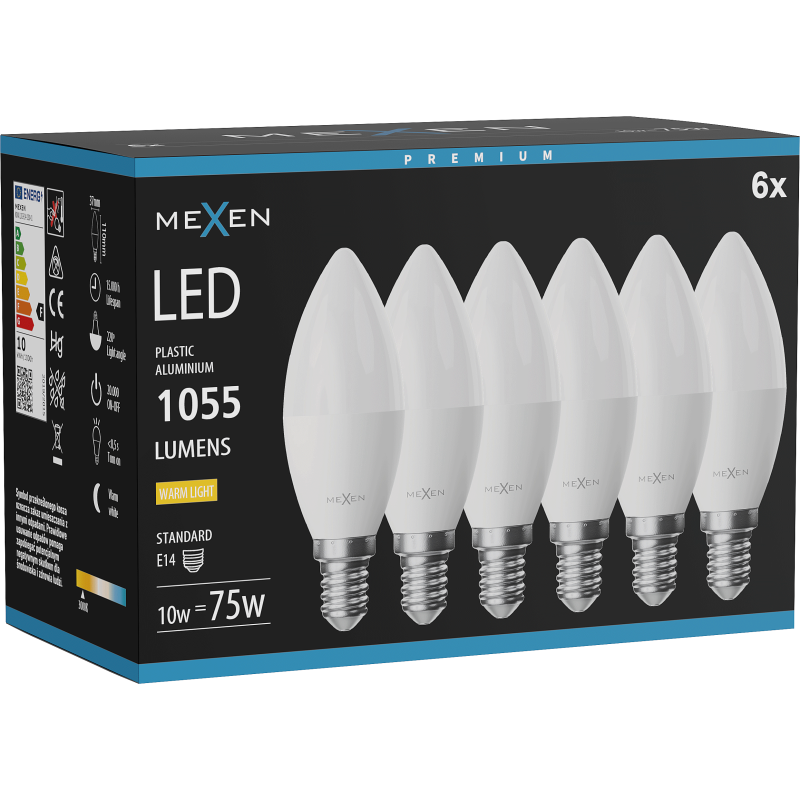 Mexen Nova 6x LED-Lampe E14, C37, 10W, Warm - 3000K, 1055 lm - L102-E14-1030-01x06