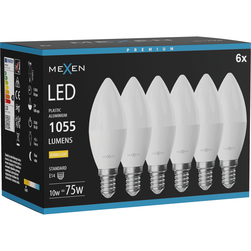 Mexen Nova 6x LED-Lampe E14, C37, 10W, Warm - 3000K, 1055 lm - L102-E14-1030-01x06